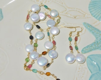 Rainbow Tourmaline with Freshwater Coin Pearl Necklace and Earrings SET | AAA | Gold Filled Wire Work | Adjustable Length | Gemstone & Pearl