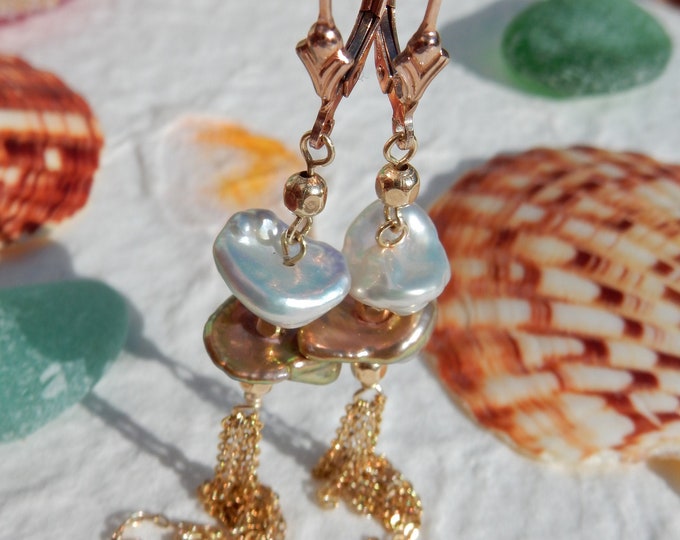 Metallic Keshi Pearl with Tassel Earrings | Gold filled Lever-back | Multi-color | Multi pearls | Long Earrings  |  Baroque