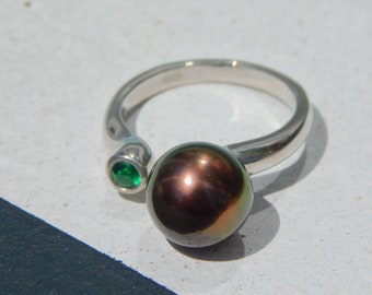 Pinky Ring | Tahitian Pearl Ring | Chocolate Green | Open Ring | 9.4mm | White Gold Plated Sterling Silver | 4 -4.5 US | Small Finger Ring