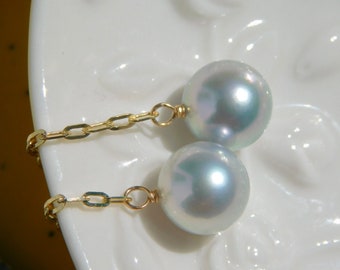 Long Pastel Blue Akoya Pearl Earrings | 9mm | Japanese Pearls | CZ | Saltwater Pearl | 10K Gold