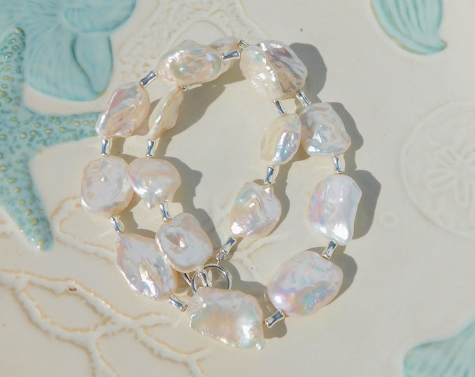 Freshwater Barqoue Pearl Necklace | 17.5 Inches | Square Pearls | Sterling Silver Clasp | Silver Bone Spacer | White with Rainbow