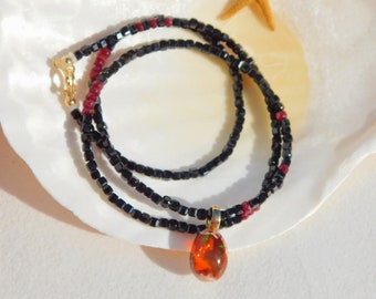 Black Spinel Fire Mexican Opal Necklace | Solid 18kt Yellow Gold | Removable Pendant | 17.75 Inches | Red Ruby | Black | AAA