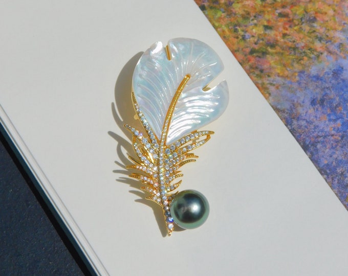 Tahitian Pearl Feather Brooch | Mother of Pearl | Apple Green | 10.2mm | AAA | Brooch Pin | Black Pearl | South Sea Pearl Brooch | CZ