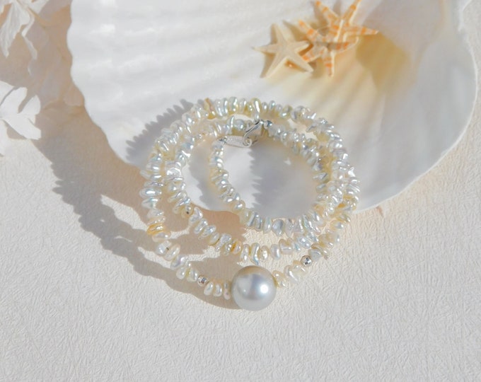 Japanese Keshi and Tahitian Pearl Necklace | AAA | Free Form Saltwater Pearls | Solid 18kt White Gold | 16.25 Inches