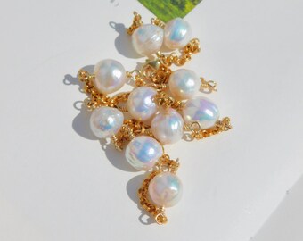 Tin Cup Pearl Necklace | Kasumi-like Pearls | White with Rainbow | Adjustable Length | Gold filled Chain | Metallic | Layering