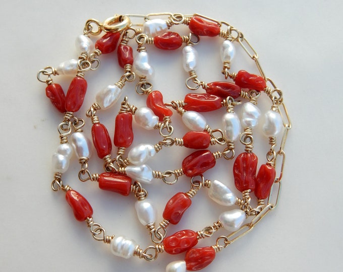 Akoya Keshi Pearl with Coral l Necklace | Gold-filled Wire Work | White Akoya | Red Coral | Dainty Chain Necklace