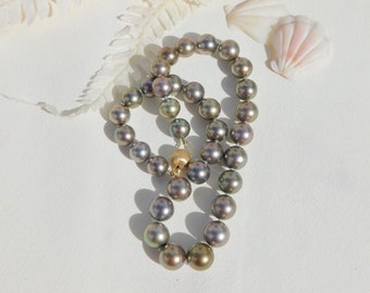 10.9-13.2mm Tahitian Pearl Necklace | Light Olive | AAA | Round | Black Pearls | 17.5 Inches | Soft Tone Tahitian | South Sea Pearl Necklace