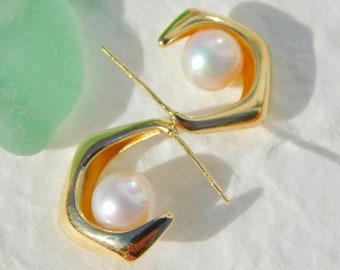 AAA 8mm White Freshwater Pearl Earrings | Hoop Earrings |  Vermeil Modern Design |  White | Round | Gold over Silver