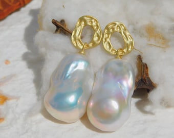 Vermeil Large Baroque Pearl Earrings | AAA | Freshwater Pearls | 16 x 26x 15mm | Gold over Silver | Matte Finish | Fireballs | Metallic