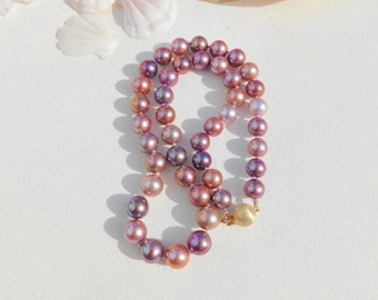 19.5 Inches Metallic Multi-color Freshwater Pearl Necklace | Round | AAA+ | Mauve | Purple | Plum | Pink | Mauve Pink | Solid 14kt Gold