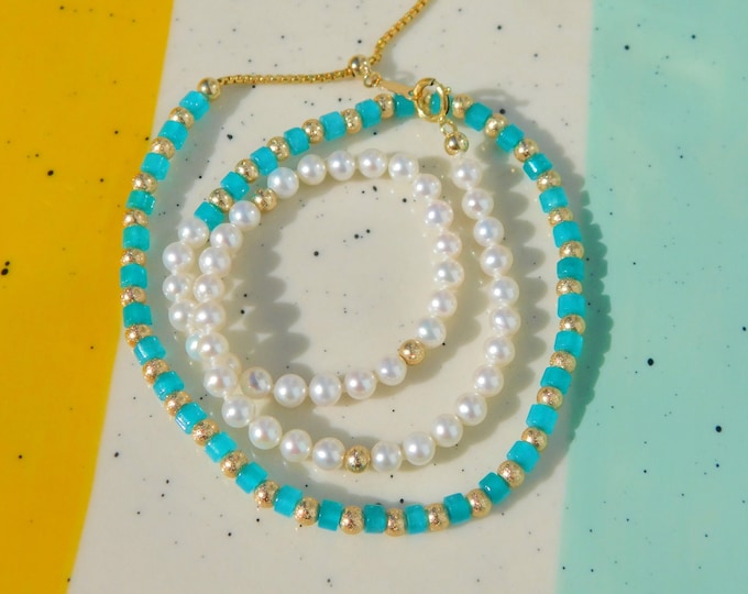 Baby Freshwater Pearl and Tianhe Stone Necklace | 3.8-4mm | Tiny Pearl | Gold Filled | Dainty Jewelry | Adjustable 14.5'' to 16.5''