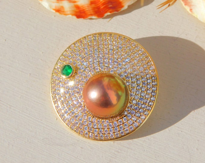 Super Metallic Freshwater Pearl Brooch/Pin | 12mm | Pearl Pin | Pearl Brooch | Rosy Mauve with Rainbow Overtone | Rhinestone Brooch