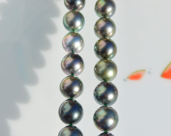 11.2-12.9mm Deep Tone Tahitian Pearl Necklace | AAA | Black Pearls | 19 Inches | Multi-color Tahitian Pearl Necklace | Solid 14kt Gold