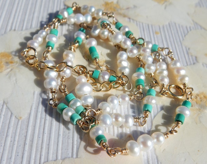 Gold-filled Wire Wrapped Pearl and Turquoise Necklace  | White and Green | Adjustable Length | Dainty  | Ready to Ship