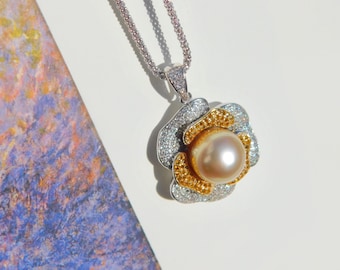 11mm Golden South Sea Pearl Pendant Necklace | Adjustable Popcorn Sterling Silver Chain | 25 Inches | AAA | Two tone Flower l Sparkly CZ