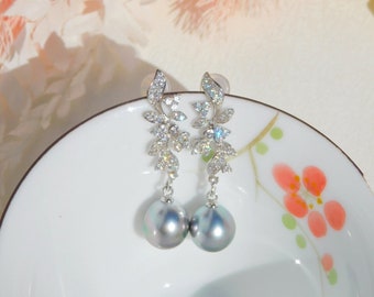 Cluster Tahitian Pearl Earrings | Pastel Silver Blue/green | AAA | 9.6mm | White Gold Plated | Sterling Silver Mini-paved with CZ