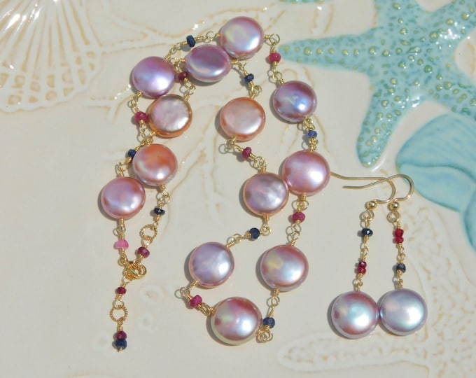 Freshwater Coin Pearl with Sapphire Necklace and Earrings SET | AAA | Gold Filled Wire Work | Adjustable Length | Gemstone & Pearl | Purple