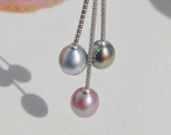 Triple Pearl Chain Necklace | Tahitian Pearls | Y and Lariat Necklace | Teardrop | Green | Mauve | Gray | Adjustable Silver Popcorn Chain