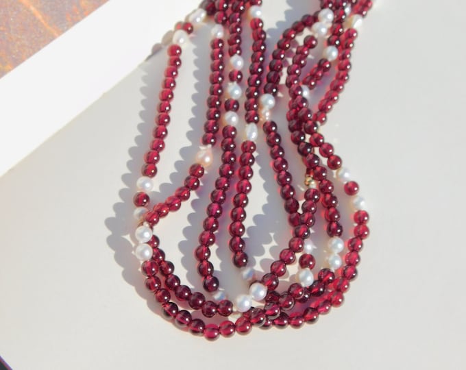 Burgundy Garnet with Freshwater Pearl Necklace | Double Strand | 4mm | 44 Inches | Purple | Solid 14kt Gold Clasp | Gemstone and Pearls