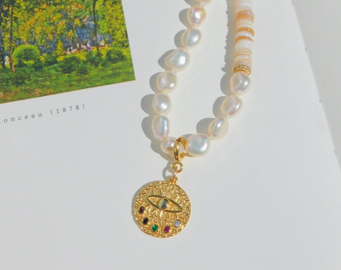 Half and Half Necklace | Freshwater Pearl and Shell Bead with Evil Eye Pendant | AAA | 17 Inches | Vermeil Coin | Layering | Stacking