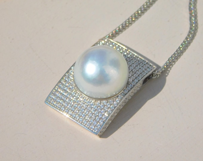 15mm White South Sea Pearl Pendant Necklace | 24 Inches Adjustable Sterling Silver Chain | Saltwater Pearl | CZ | Large Australian Pearl
