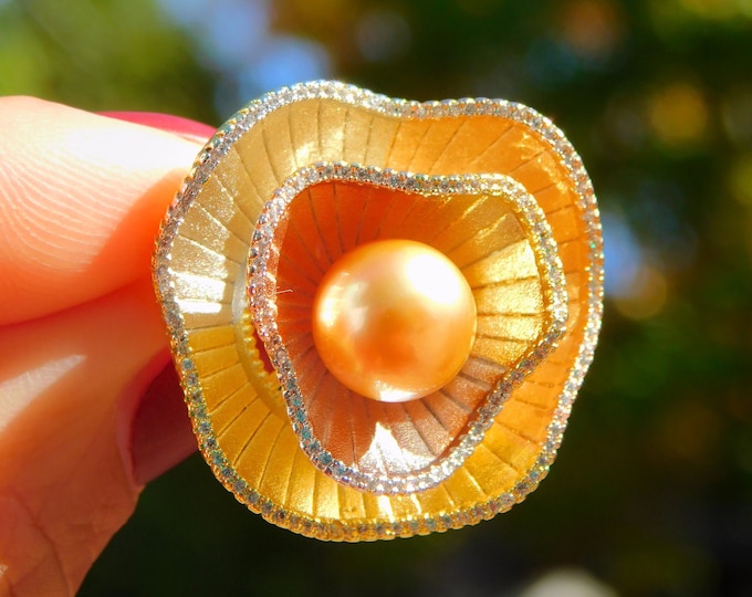 Golden South Sea Pearl Brooch/Pendant | Three tone Flower | Pearl Pin | Pearl Brooch and Pendant | 9-10mm Golden Pearl |  AAA