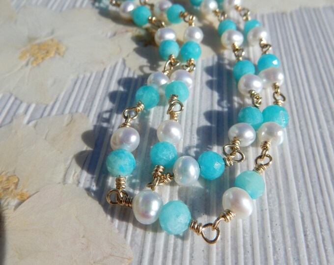 Rosary Chain Faceted Amazonite with Freshwater Pearl Necklace l Teal and White | Gold filled clasp with Extender | Choker | Wire Work