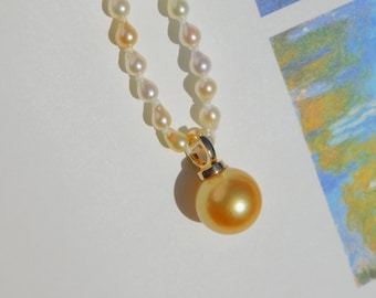 Petite  Japanese Akoya Pearl Necklace with Removable Golden South Sea Pearl Pendant | Solid 18k Gold | AAA | 19.25 Inches | Golden | Cream