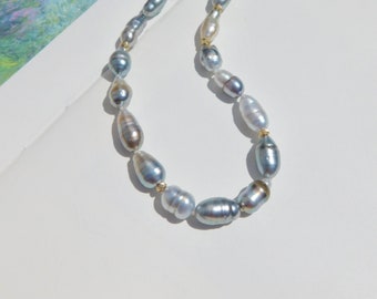 Tahitian Keshi Pearl Necklace | AAA | 6-8mm | Solid 14kt Gold | Free Formed Pearls | 16.5 Inches | Black Pearls | Layering | Stacking