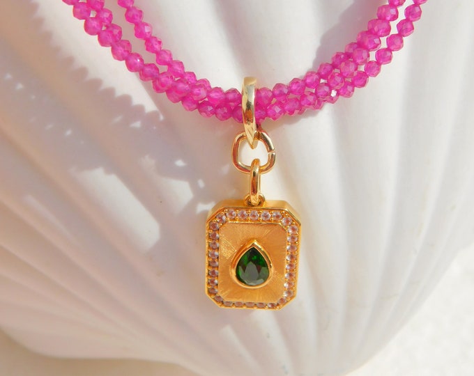 Multi-strand Red Corundum and Gold Pendant Necklace | Green Chrome Diopside Pendant | Removable | Solid 18kt Gold | 17.75 Inches