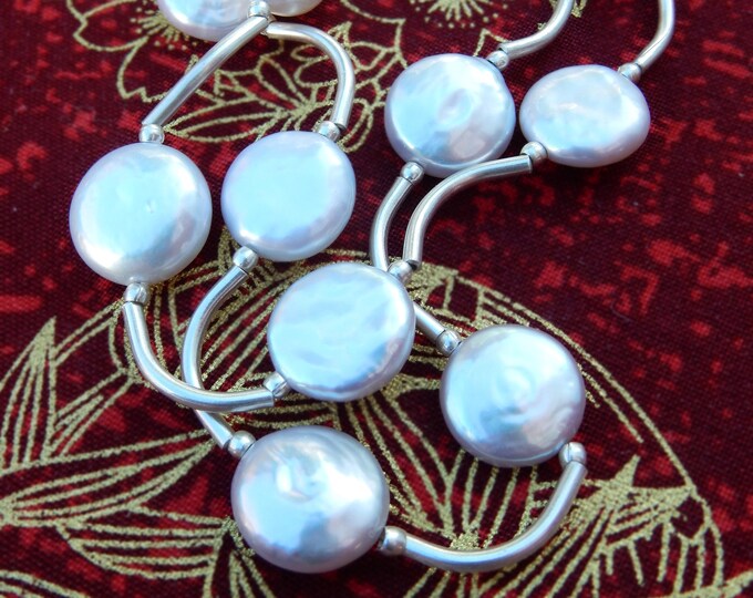 29 Inches White Coin Pearl Necklace with Sterling Silver Wavy Tubes | 13-14mm | Ready to Ship