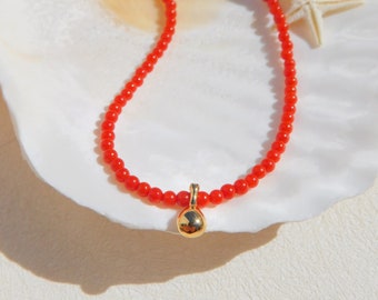 18 Inches Red Italian Coral Necklace | 3mm | Round | Solid 18k Gold Water Drop Charm | Bright Red | Red Coral Necklace | Gemstone Necklace