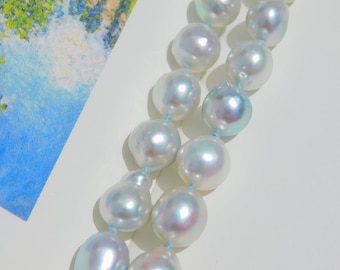 8-10mm Semi-baroque Blue Akoya Pearl Necklace | Pastel | Japanese Saltwater Pearl Necklace | Saltwater Pearls | 17.5 Inches | Solid 14kt
