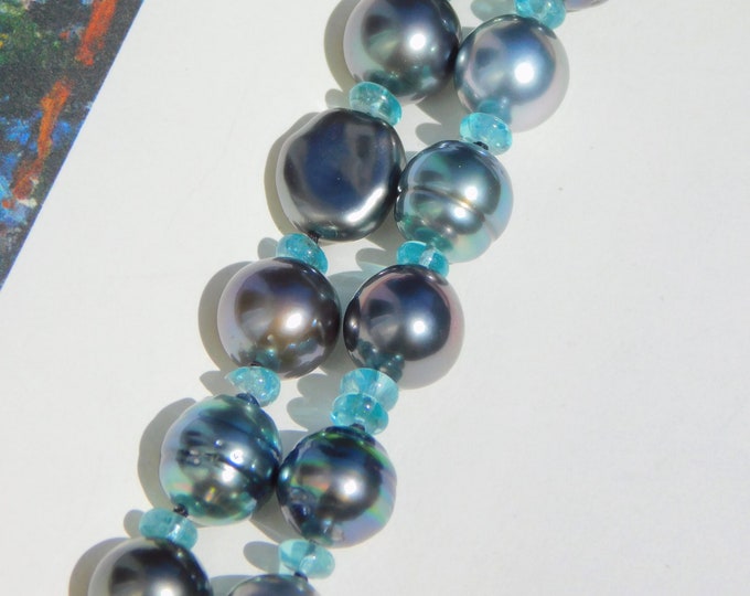 Blue Apatite and Tahitian Pearl Necklace | 8-9.1mm | Circled | Round | Tahitian Keshi Pearl Necklace | Mother-of-Pearl Butterfly