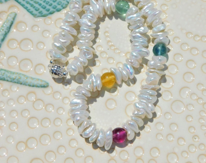 Petal Pearl with Fluorite Necklace | Silver White Belly Drilled | 17.5 Inches | Baroque Pearl Necklace | Chinese Freshwater | Silver Clasp