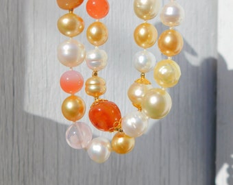 23.5 Inches South Sea Pearl and Red Agate Necklace |  9.6-13.3mm | AAA | Solid 18kt/14kt Gold | Gemstones and Pearls | Gemstones