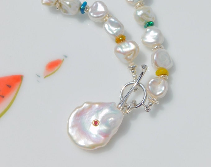 Freshwater Pearl Bracelet with Colorful Enamel Silver Beads | Freshwater Keshi Pearl Bracelet | Toggle Clasp with Pearl Charm | Petal Pearl