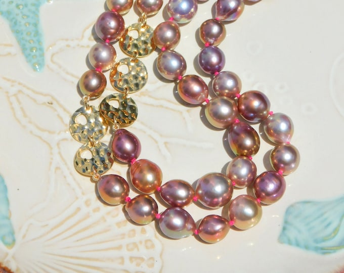 27 Inches Freshwater Pearl Necklace | Gold Filled Hammered Discs | Purple and Pink | Metallic | 10.5-12.8mm |  Edison Pearls | No Clasp