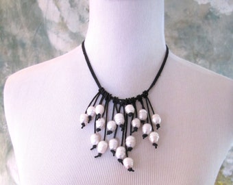 Leather and Pearl Necklace | Leather and Pearl | Circled White Freshwater Pearls | Black Leather | Waterfall