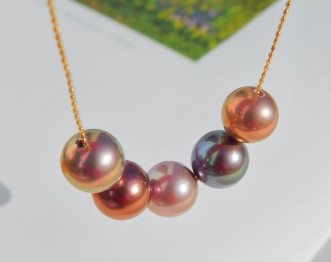 Metallic Multi-color Floating Pearl Necklace | Five Pearls | Round | 9.4-10mm | AAA+ | Solid 18kt Beaded Chain | Adjustable Chain