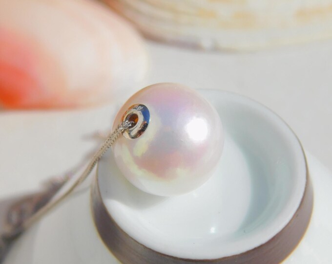 14.4mm White Floating Pearl Necklace | AAA | Dainty | Solid 18kt White Gold Pin-end Chain | Freshwater Pearl | Adjustable | Dainty