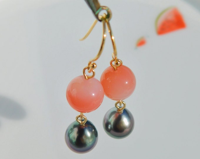 10.8mm Aubergine Tahitian Pearl Drop Earrings with Pink Agate | Deep Tone Eggplant | Solid 18k/14kt Yellow Gold | AAA | Teardrop