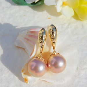 Metallic Mauve Pink Freshwater Pearl Earrings | Vermeil Earrings | 11.7mm | AAA | Round | Gold Plated Over Silver | Dangle Earrings
