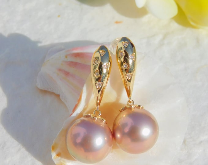 Metallic Mauve Pink Freshwater Pearl Earrings | Vermeil Earrings | 11.7mm | AAA | Round | Gold Plated Over Silver | Dangle Earrings