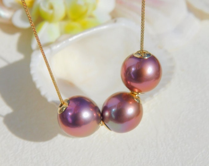 Ultimate Three Freshwater Pearl Chain Necklace | Floating Pearl | Near Round | 10.3-10.8mm | AAA+ | Solid 18kt Braided Chain | Adjustable