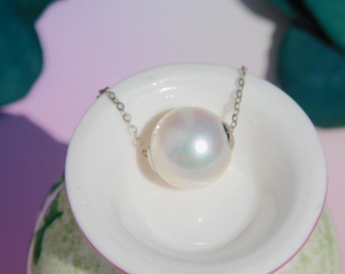 12.2mm White Floating Pearl Necklace | AAA+ | Dainty | Solid 18kt White Gold Pin-end Chain | Freshwater Pearl | Round | Adjustable | Round