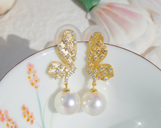 Vermeil Butterfly Freshwater Pearl Earrings | 10.7mm | Gold Plated over Silver | AAA | CZ Detail | Drop Earrings | Butterflies
