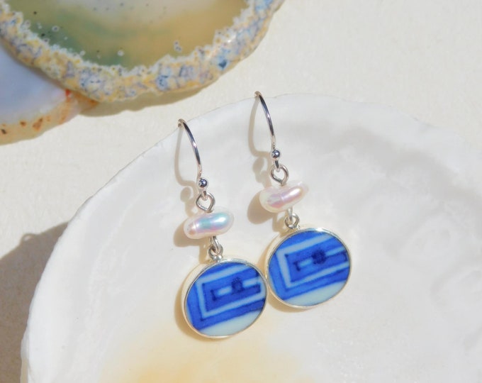 Qing Dynasty Broken China and Freshwater Keshi Pearl Earrings |  Sterling Silver | Chinese Shard Porcelain | Vintage Pottery Shard Earrings