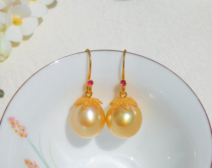 13.4mm Golden South Sea Pearl Drop Earrings | Solid 18kt Gold with Tourmaline | South Sea Pearl Earrings | AAA+ | Saltwater Pearls | Gold