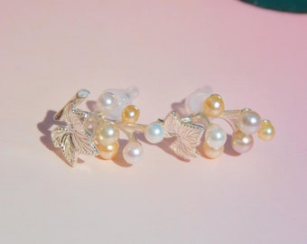 Grape Earrings | Six Akoya Pearls | 3mm-4mm | White Pearls | Grape Earrings | AAA | Sterling Silver | Grape Leaf | Cream | White | Blue